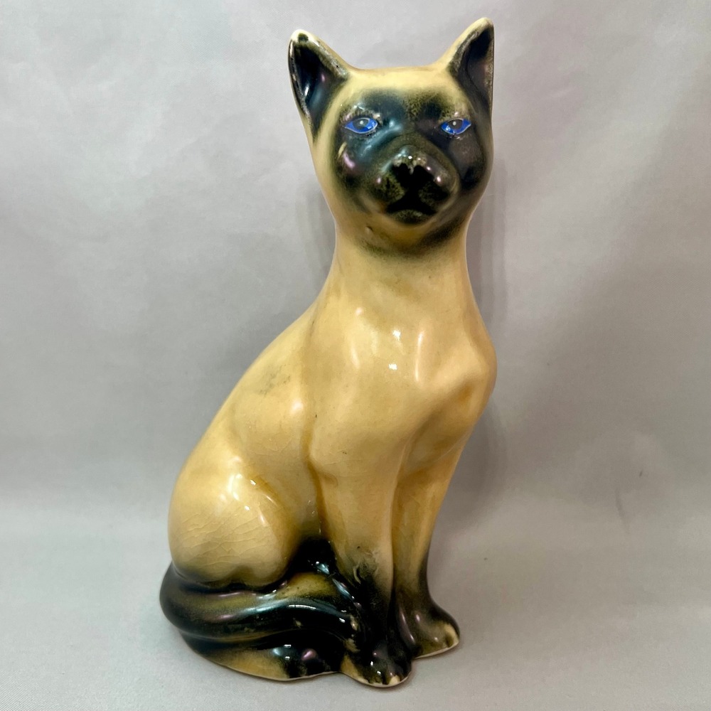 Vintage Brazil Ceramic Siamese Cat Figurine 6.75" Blue Eyes Tan Black Good MCM